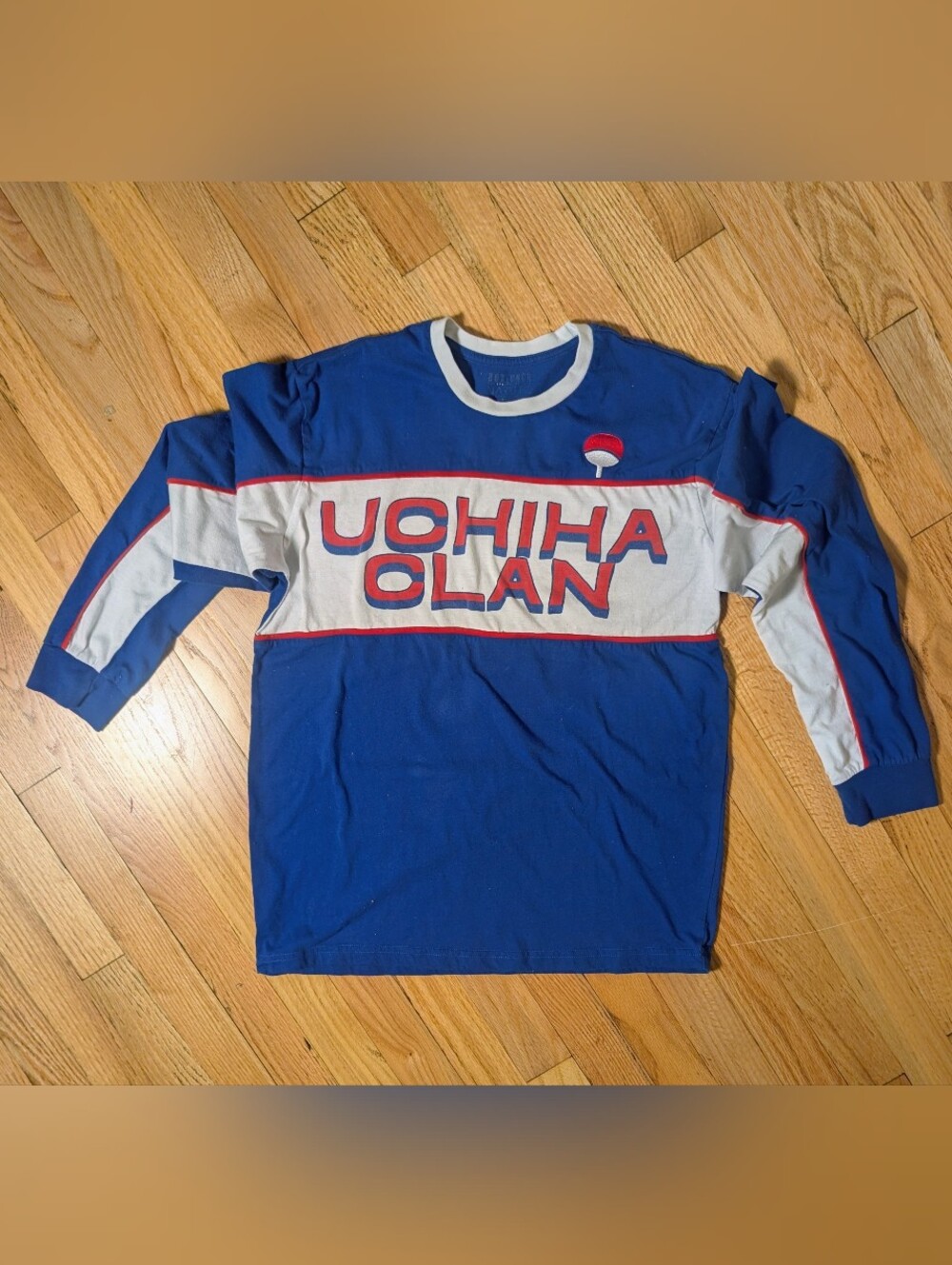 Uchiha clan Naruto long sleeve shirt with blue, white, and red color blocking